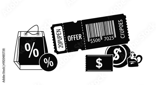 A black and white composition featuring shopping bags tickets and money in a striking silhouette high quality professional detailed modern elegant