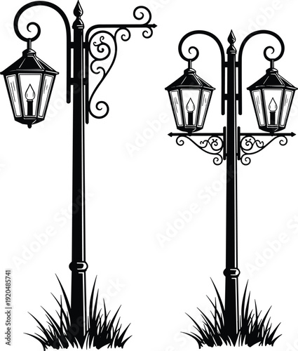 Vintage decorative street lamp posts vector illustration with ornate wrought iron scrollwork and classic lanterns isolated on white background