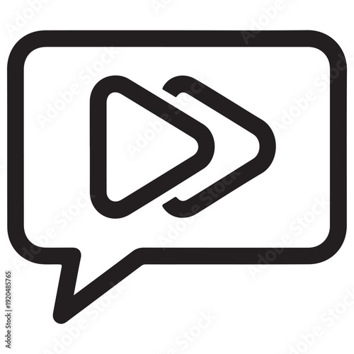 Minimalist black line icon of a fast forward symbol inside a speech bubble representing rapid communication, quick messaging, and video playback controls for modern UI/UX design.