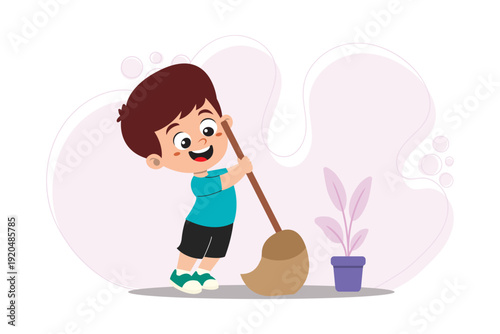 Cute cartoon illustration of a little boy sweeping the floor with a broom. Child doing house chores concept. 