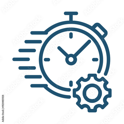 A blue stopwatch and gear icon on a black background