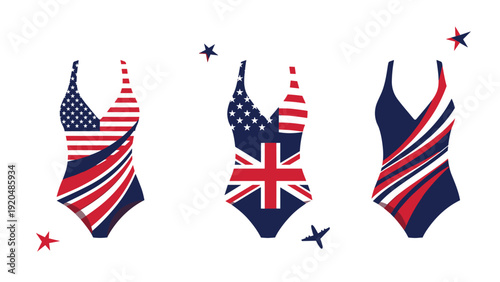Three stylish one piece swimsuits featuring graphic patterns inspired by the flags of the United States and the United Kingdom.
