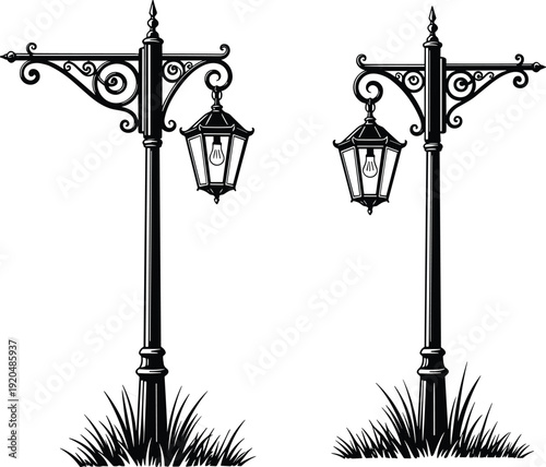 Vintage ornate street lamp posts vector illustration with decorative wrought iron brackets and classic lanterns isolated on white background silhouette