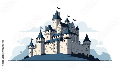 Detailed illustration of a majestic medieval castle with multiple towers, blue roofs, and black flags situated on a grassy hill.