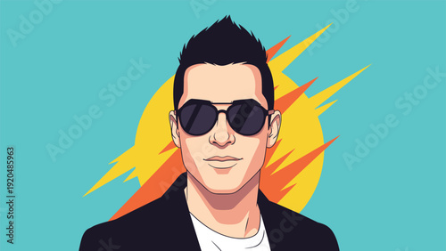 Modern vector portrait of a stylish man with black hair and sunglasses set against a vibrant yellow and orange sunburst background.