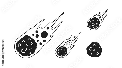 Set of black and white line art illustrations depicting meteors or comets with trails of fire falling through the space atmosphere.