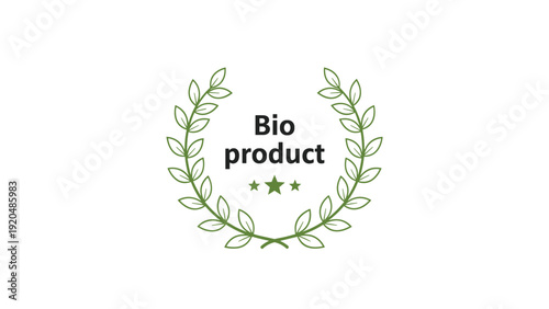 Bio product certification emblem consisting of black text surrounded by a green laurel wreath and three small stars at the bottom.