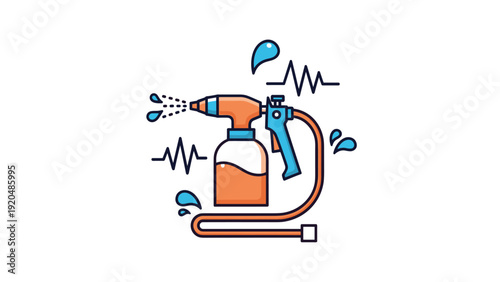 Flat design illustration of an orange and blue power spray gun with water droplets and motion waves representing professional cleaning.