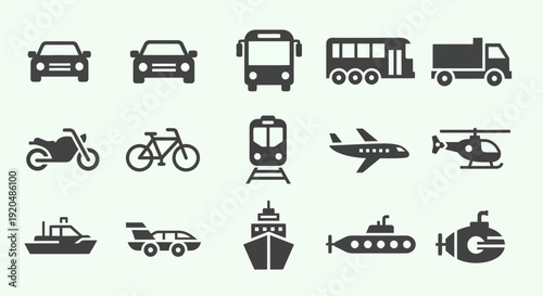 Transportation Icons Set: Car, Bus, Train, Plane, Boat
