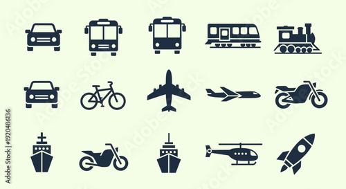 Transportation Icons Set: Car, Bus, Train, Plane, Ship