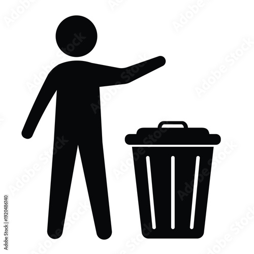 Black silhouette icon showing a person disposing of waste in a trash can with an open lid. Professional graphic for sanitation and housekeeping.