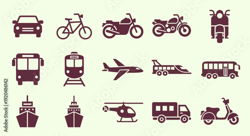 Transportation Icons Set: Car, Bus, Train, Plane, Ship