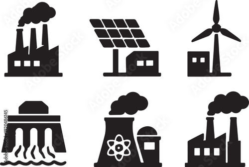 Industrial power plant icons set including factories solar wind hydro nuclear energy facilities collection for infrastructure manufacturing electricity generation systems silhouette vector illustratio