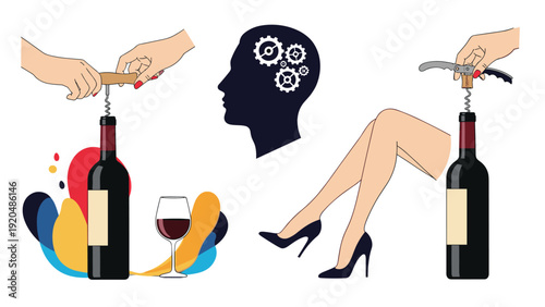 Abstract collage including scenes of opening a wine bottle with a corkscrew, a human head with gears, and female legs in heels.