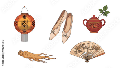 Collection of traditional Asian decorative and cultural items including a paper lantern, shoes, a teapot, ginseng, and a folding fan.