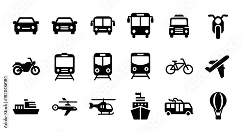Transportation Icons Set: Car, Bus, Train, Plane