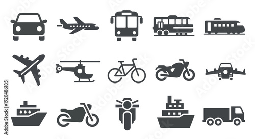 Transportation Icons Set: Car, Plane, Bus, Ship, Train
