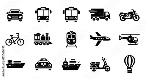 Transportation Icons Set: Car, Bus, Train, Truck, Plane