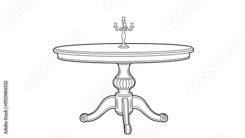 Classic round wooden dining table with an ornate pedestal base holding a five-arm candelabra candle holder in a line art style.