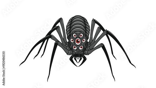 Menacing black giant spider with multiple red eyes and sharp mandibles crawling forward in a detailed creature illustration.