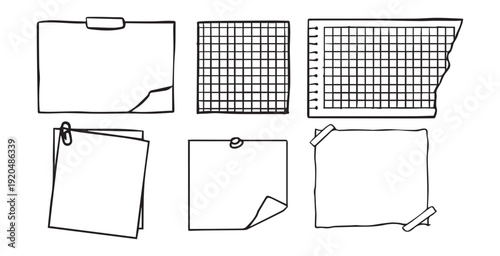 Hand-drawn collection of various paper notes, memo pads, and stationery elements in doodle style.