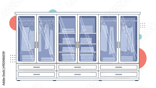 Large walk-in style closet or wardrobe with glass doors containing neatly arranged hanging dresses and folded clothes.