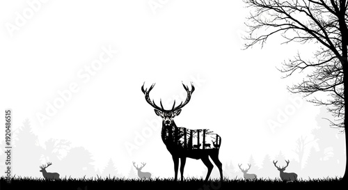 Deer with Antlers Standing in Landscape Silhouette.