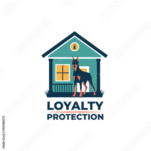A stylized logo featuring a doberman standing in front of a house with the words loyalty and protection
