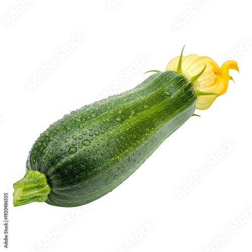 Fresh green zucchini with attached yellow flower and water droplets on transparent background