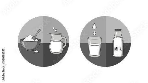 Grayscale icons depicting ingredients like a bowl of sugar with a spoon, a milk pitcher, a glass of milk, and a milk bottle.