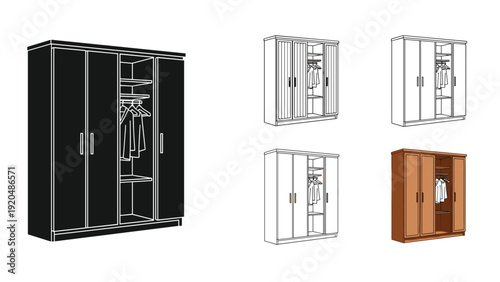 Set of wardrobe cabinets in different finishes and styles including black, brown, and line art versions with open doors showing clothes.