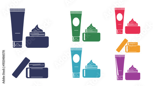 Assorted icons of cosmetic product packaging including tubes for creams and jars for lotions in various colors.