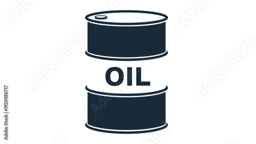 Simple black oil barrel icon with bold text is presented on a clean white background representing petroleum and industrial energy.