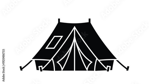 Black silhouette of a camping tent shows a classic triangular design for outdoor adventure and wilderness survival activities.