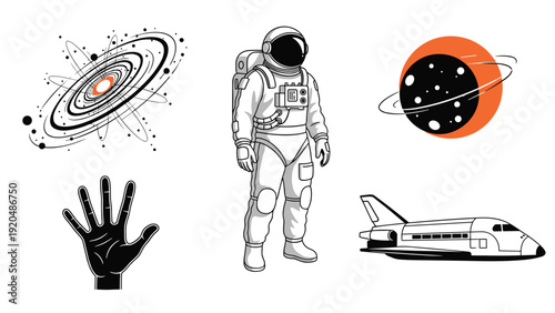 Set of space exploration icons features an astronaut, a space shuttle, a distant galaxy, and a ringed planet in black and white.