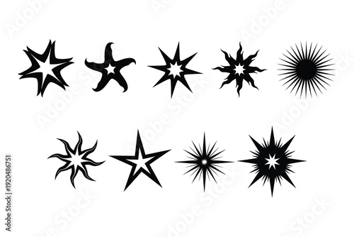 Collection of eight unique starburst designs in black and white