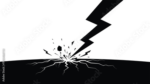 Powerful lightning bolt strikes the dark ground creating cracks and an explosion of fragments in this high contrast illustration.