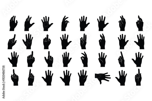 Collection of various hand gestures and finger positions in black silhouette on white background