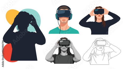 Collection of people wearing virtual reality headsets displays various artistic styles including silhouettes, line art, and full color.