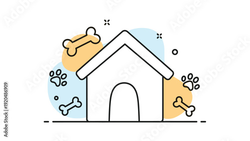 Outline drawing of a cozy dog house is surrounded by playful bone icons and paw prints over soft colorful background shapes.