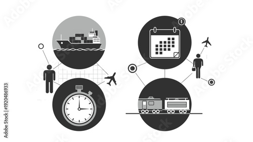 Logistic infographic icons represent global transport methods including shipping, aviation, and railway with time and schedule.