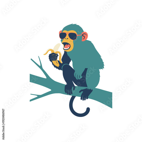 A cartoon monkey wearing sunglasses happily enjoys a ripe banana while perched on a branch high quality professional