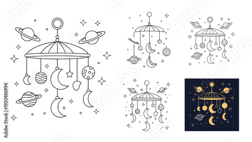 Various styles of baby mobile decorations feature celestial themes with moons, planets, and stars in both line art and colored versions.