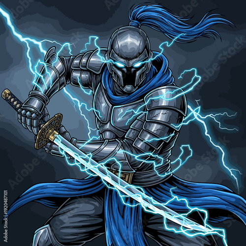 Dynamic Samurai Warrior with Electrifying Katana and Armor.