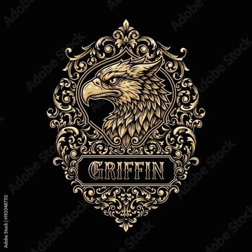 Golden Griffin Head in Ornate Vintage Frame with Intricate Details.