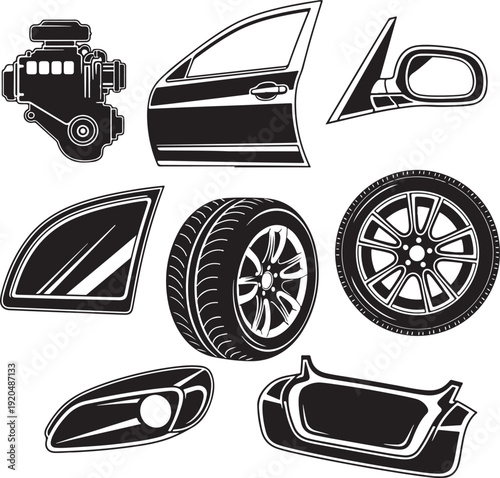 Black and White Line Art Car Parts Set with Headlight Tire Rim and Engine Vector Illustration