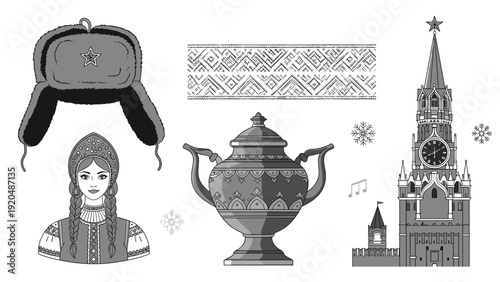 Cultural symbols of Russia including an ushanka hat, a woman in traditional dress, a samovar, and the Kremlin clock tower are shown.