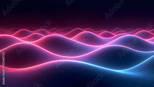 Vibrant neon waves glow in dark futuristic landscape