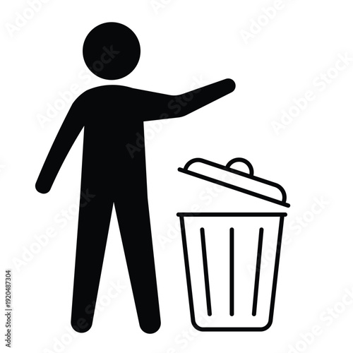 Black silhouette icon showing a person disposing of waste in a trash can with an open lid. Professional graphic for sanitation and housekeeping.