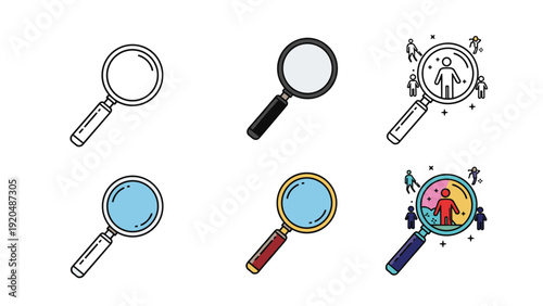 Collection of magnifying glass icons showing different styles from simple outlines to colorful search concepts with people inside.